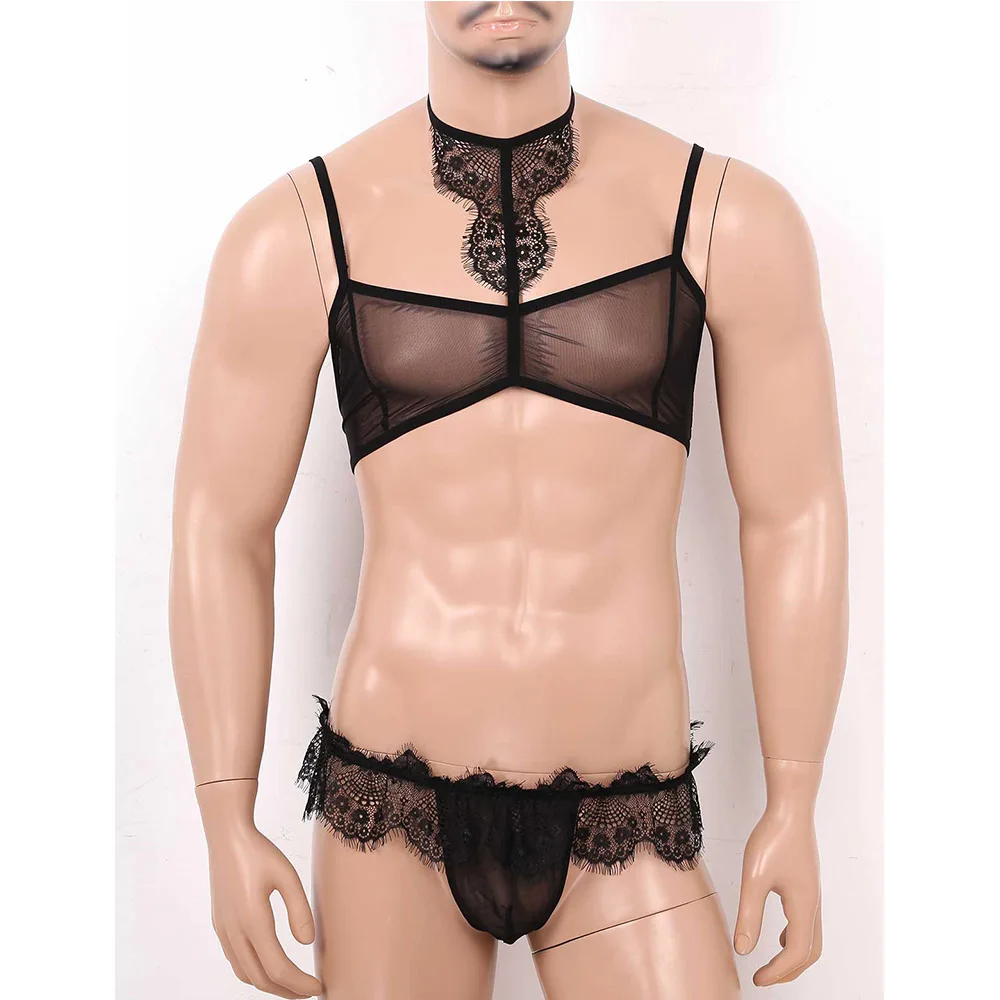 Conjunto de lencería erótica para hombre, ropa interior Gay de encaje de malla transparente, vestido cruzado transparente, sujetador Sexy, Tops con