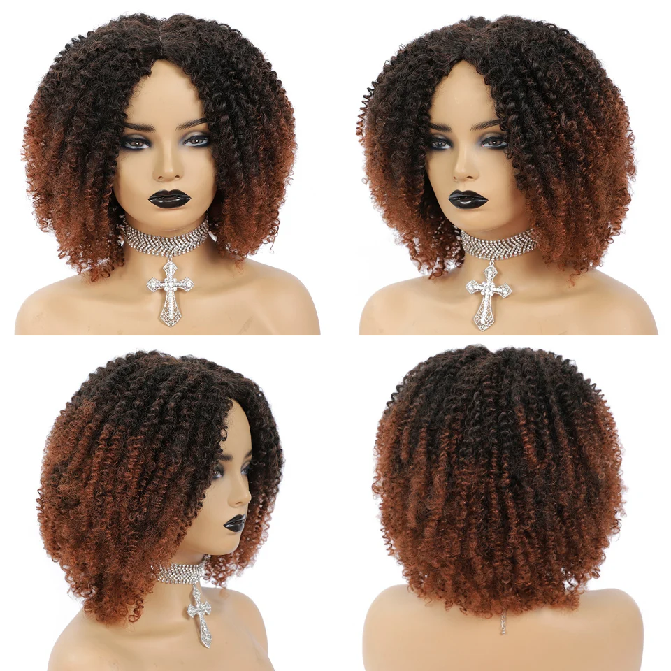 MSIWIGS Women\'s Short Afro Kinky Curly Wigs Ombre Brown Synthetic Middle Part Nature Hair Black Daily Party Headgear with Clips