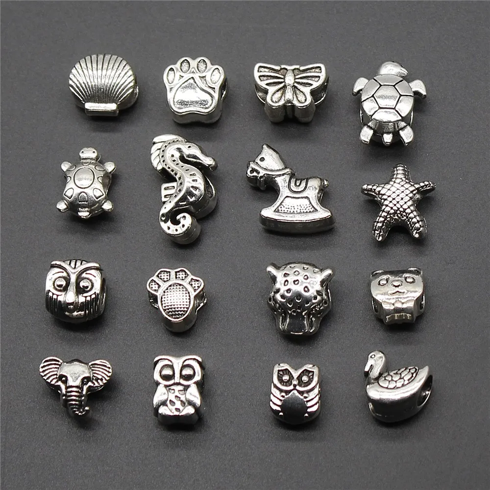 10pcs Antique Silver Color Animal Starfish Owl Shell Butterfly Big Hole Beads Pendant Charms Jewelry Accessories