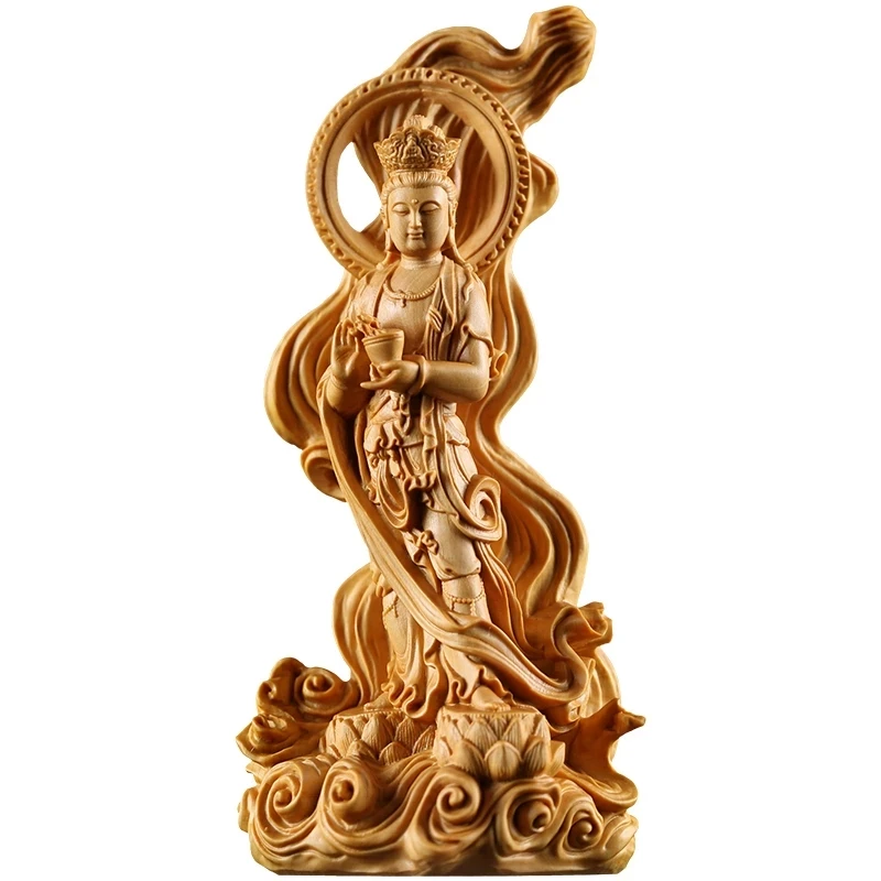 

Boxwood 15cm Guanyin Sculpture Wood Buddha Statue Cross Sea Guan Yin Bodhisattva Home Decor