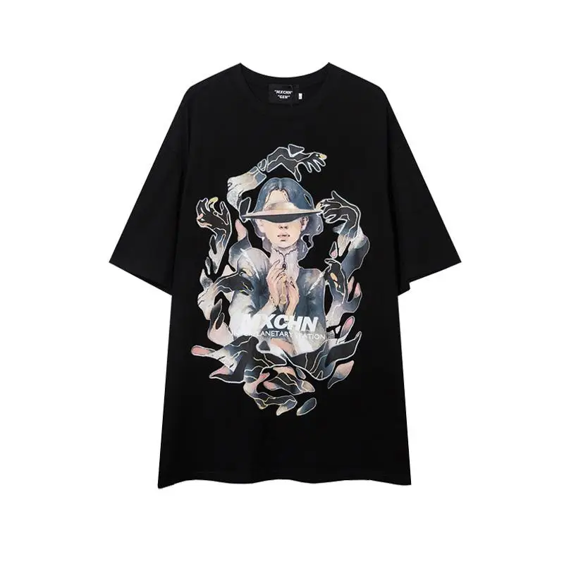 

Summer Cotton Women T Shirt Loose Short Sleeves Long Black Lady Tees Print Harajuku Street Fashion Demon Girl Retro Tops Female