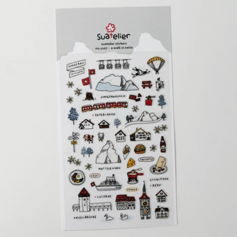 Suatelier Journal Stickers Walk in Swiss Snow-Capped Mountains DIY Scrapbooking Material Craft Supplies Hobbies Stationery