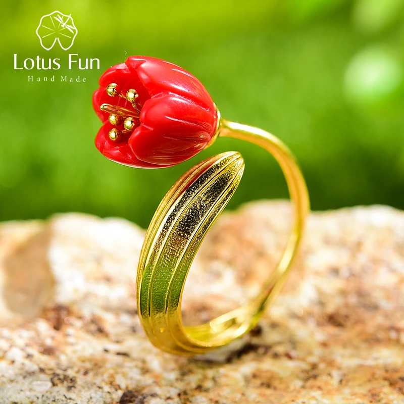 

Lotus Fun, настоящее серебро 925 пробы, золотое кольцо 18 карат, красный коралл, ювелирные изделия ручной работы, кольца с цветком лилии для женщин, подарок
