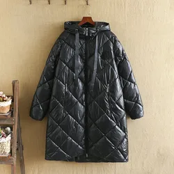 Plus Size Winter Jackets For Women With High Quality Hood Grid pattern Interlayer Cotton Extra Large Size Mid-Length Thick Coat