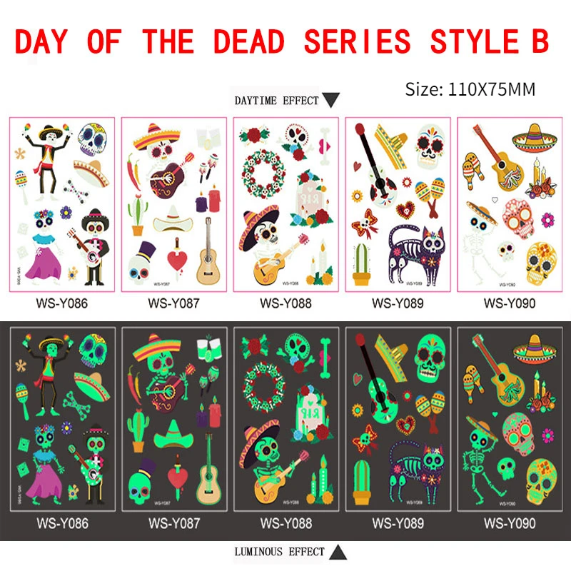 5PCS Mexico Day of The Dead Luminous Tattoo  Sticker Children\'s Cartoon Waterproof Guitar Skull Sticker Tattoo Sticker