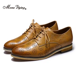 Mona Flying Women's Genuine Leather Oxfords Brogue Comfort Hand-made Derby Casual Flat Lace up Shoes for Ladies B098-101