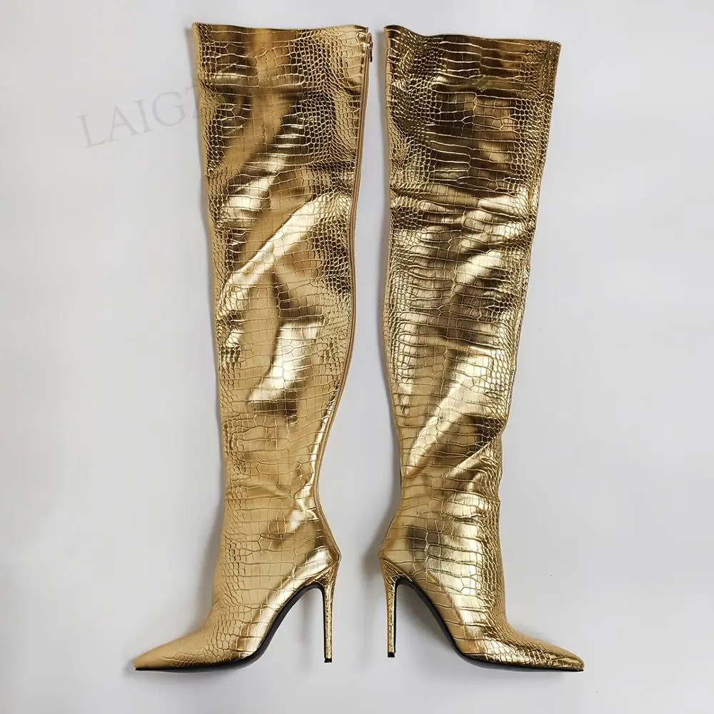 

BERZIMER Women Over Knee Boots Gold Crocodile Print Thigh High Boots Handmade Ladies Cosplay Shoes Woman Large Size 39 44 45 47