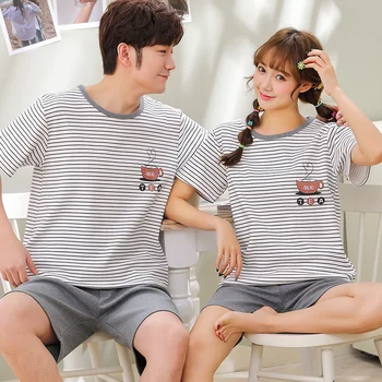 M-4XL 커플 잠옷 세트 남성과 여성 스트라이프 잠옷 나이트 슈트 Pijama Mujer Home Wear Summer Cotton Nightwear 