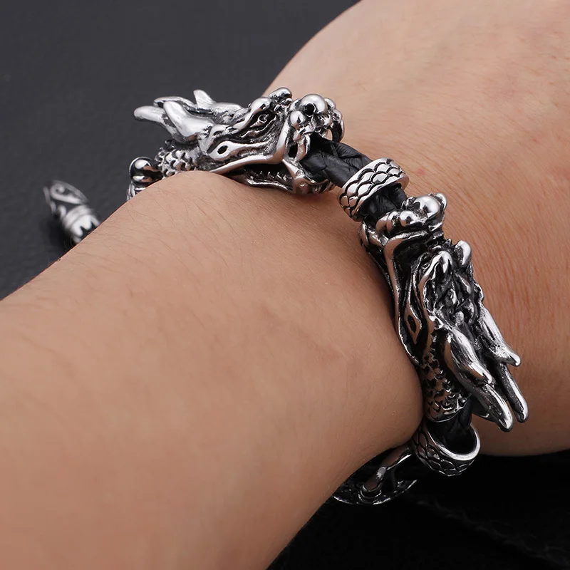 Fongten Stainless Steel Men Bracelet Double Dragon Cowhide Leather Rope Strap Men Bracelets Bangle Gothic Black Color Jewelry