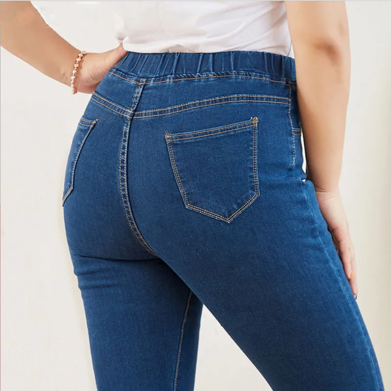 Plus Size Clothing L-6XL Women\'s Elastic Waist Jeans High Waist Skinny Curvy Denim Mom  Jeans Casual Pencil Pants Lady Trousers