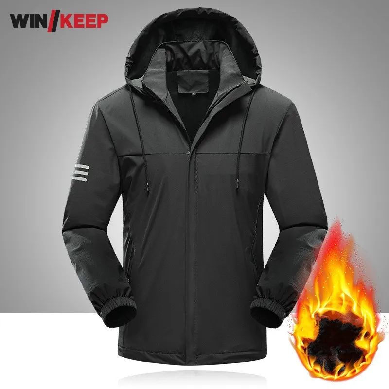 Outdoor Mens Travel Camping Sportswear Windproof Hiking Jacket Winter Warm Waterproof Zip Fleece Lining Hooded Windbreaker Coats