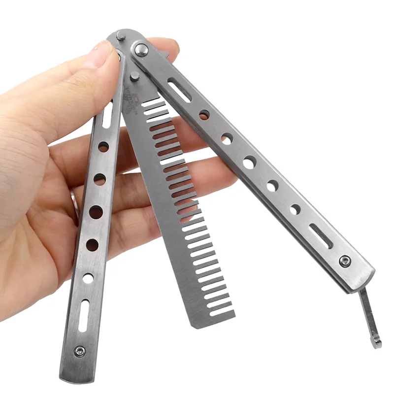 Butterfly Knife Comb Foldable Comb Stainless Steel Practice Training  Beard Moustache Brushe Salon Hairdressing Styling Tool