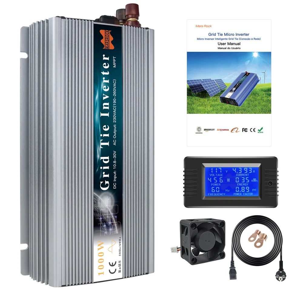 Mars Rock 1000W Micro inverter Solar Power Grid Tie MPPT 10.5-50V DC to AC 90-140V or 190-260V Energy Meter