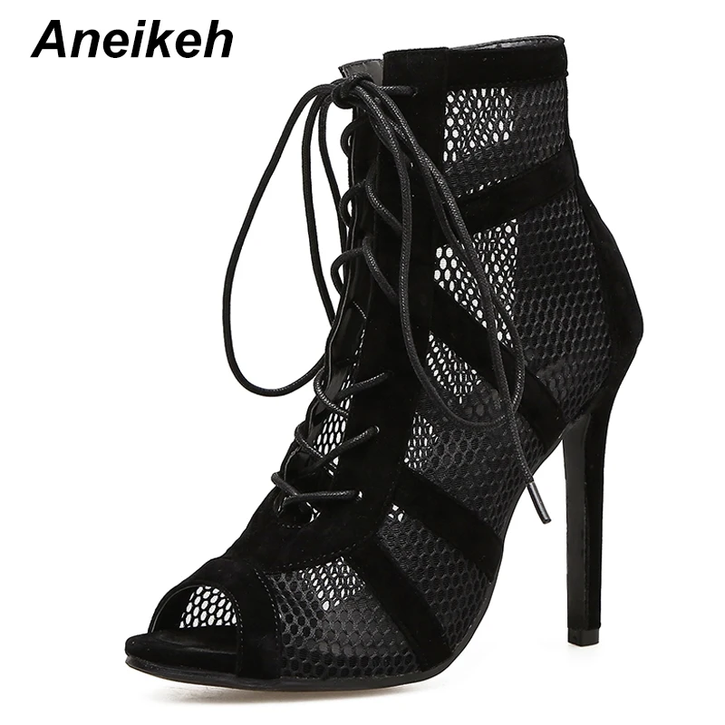 Aneikeh 2024 Mode Basis Sandalen Laarzen Vrouwen Hoge Hakken Pumps Sexy Uitgehold Mesh Veterschoenen Gekruiste Laarzen Feestschoenen 35-42