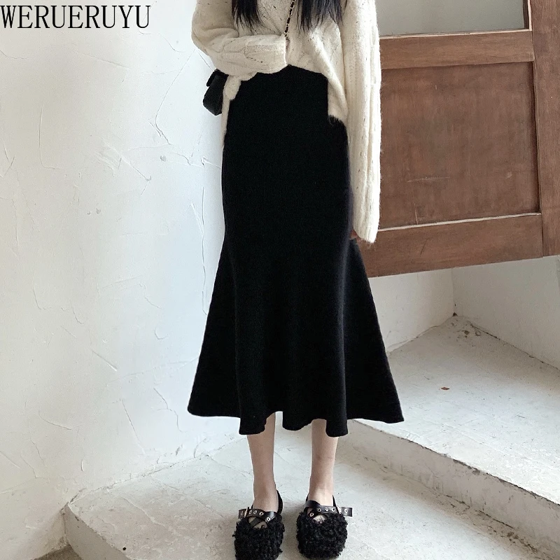 

WERUERUYU Fall Winter Korean Chic Ruffles Slim High Waist Mermaid Skirts Women Wild Solid Color Wrap Hip Knitted Skirt