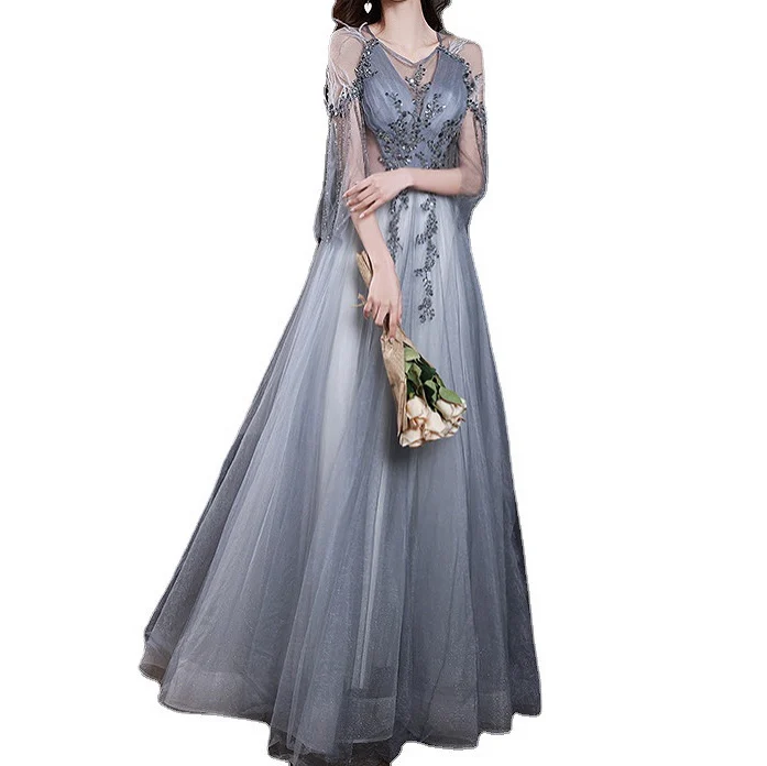 2024 Lake Blue Bridesmaid Dresses With Shawl Sleeves Lace Beaded A-line Luxurious Prom Evening Gowns For Wedding Formal Party