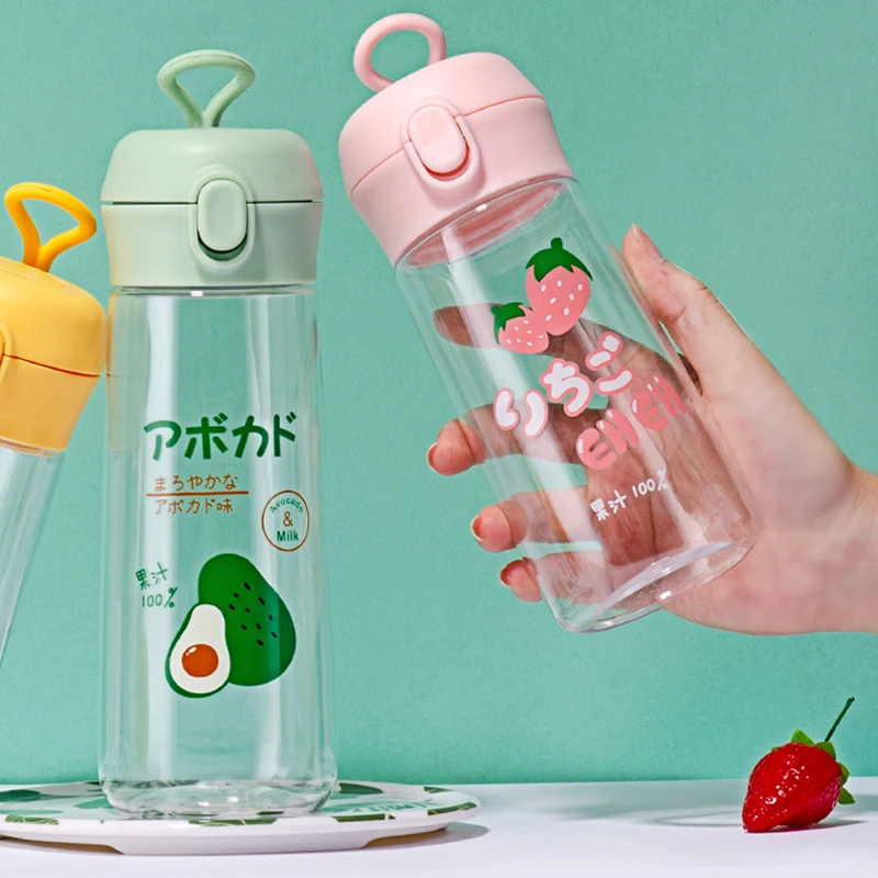 Portable Water Bottle, Cute Fruit Pattern, Bullet Cover, Plastic, Transparent, Simple and Fresh, Student, Couple, Outdoor