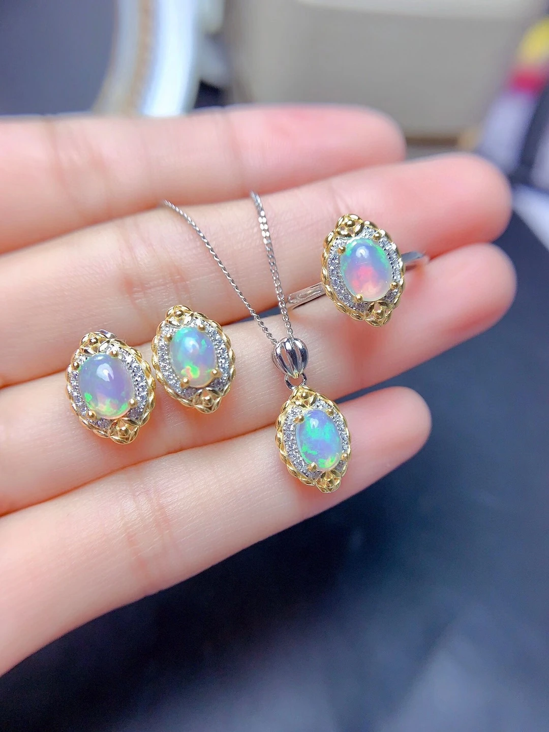 

hot natural opal gemstone necklace and earrings jewelry set including necklace ring earrings real 925 silver present chain gift