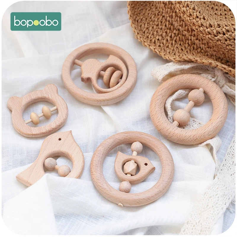 Bopoobo 5pc Holz Baby Rassel Food Grade Material Baby Spielzeug Holz Ring Baby Beißring Krippe Mobile Kleinkind Spielzeug Baby rassel Für Baby