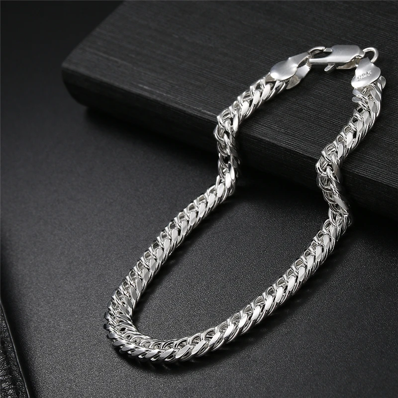 925 Sterling Silver/ 18K Gold Plated Bracelets For Man Women 6mm Sideways Link Chain Bracelet & Bangle Wristband Fashion Jewelry