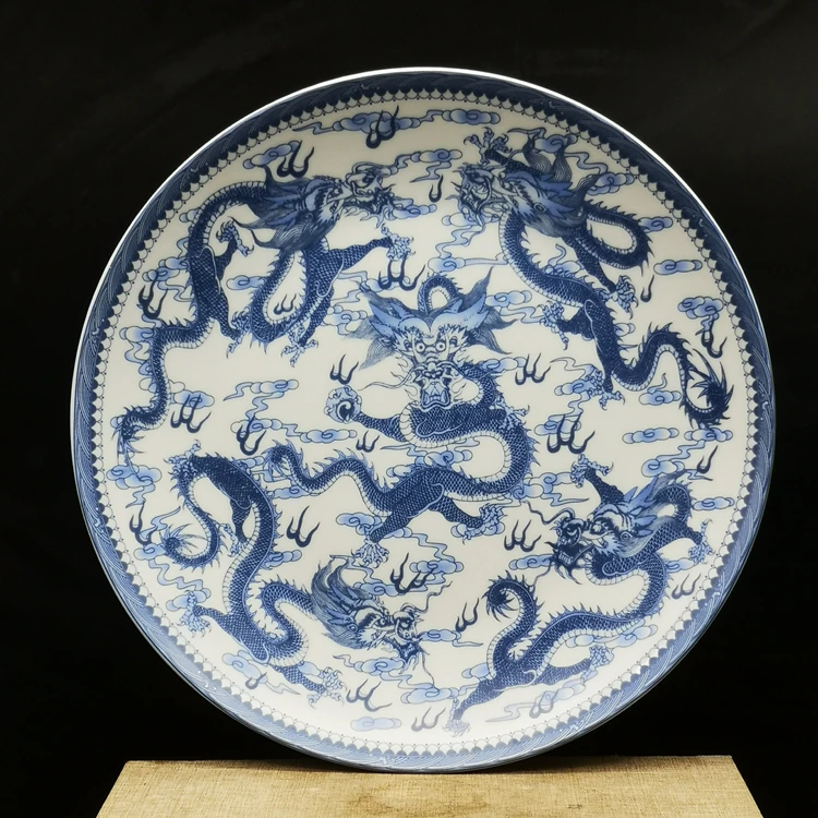 Qing Qianlong Blue And White Five Dragon Plate Living Room Bogu Shelf Porcelain Plate Antiques Collection Antique Ornaments