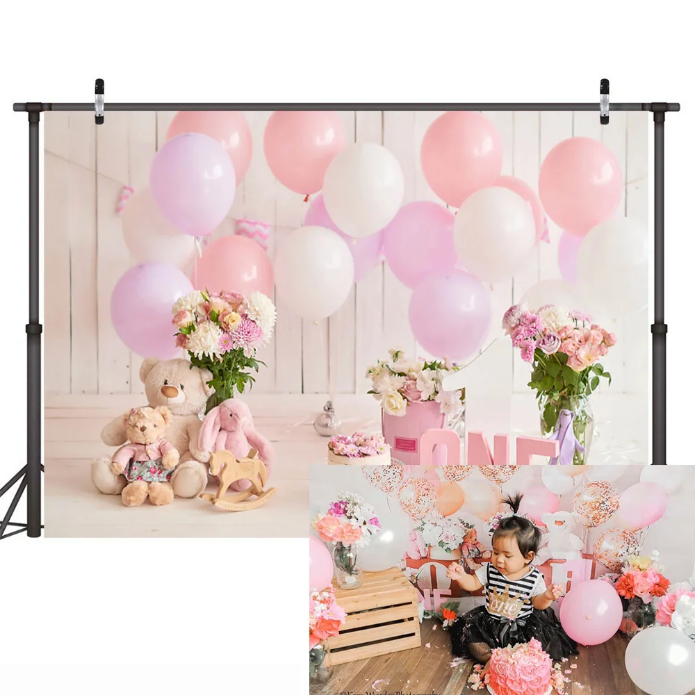 

Mocsicka One Birthday Party Photography Backdrops 1st Children Birthday Cake Table Decor Background Toy Bear Balloons Photoshoot