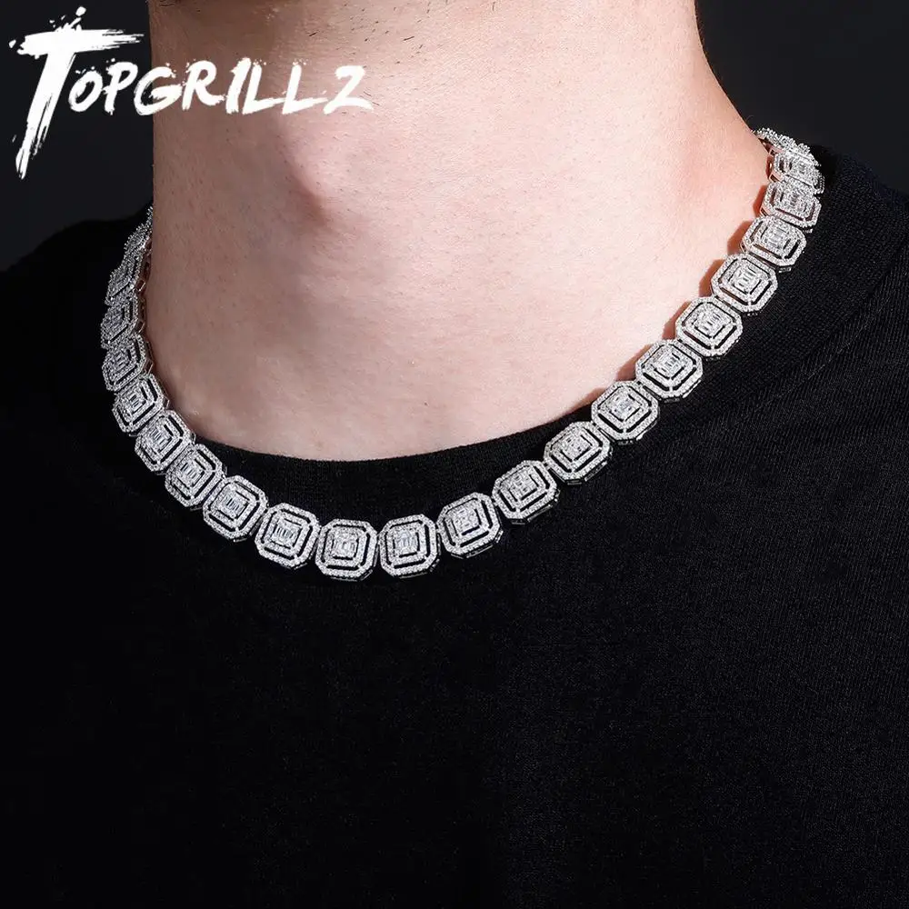 TOPGRILLZ New 13mm Personality Iced Out Baguette Necklace Miami Cuban Chain Micro Pave Cubic Zirconia Hip Hop Jewelry For Gift