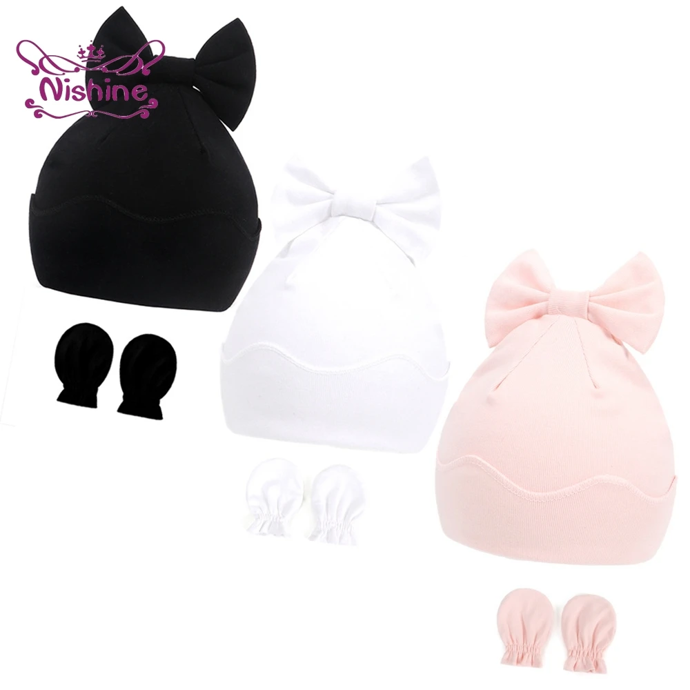 Nishine-gorro y guante de punto grueso de doble capa para recién nacido, conjunto de gorros infantiles con lazo liso, manoplas cálidas, accesorios