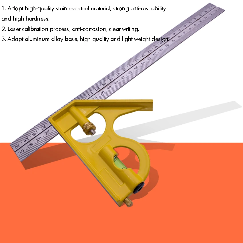 30cm Combination Square Angle Ruler, Stainless Iron Ruler and Aluminum Alloy Bolt, Multi-function Measuring Tool for Woodworking