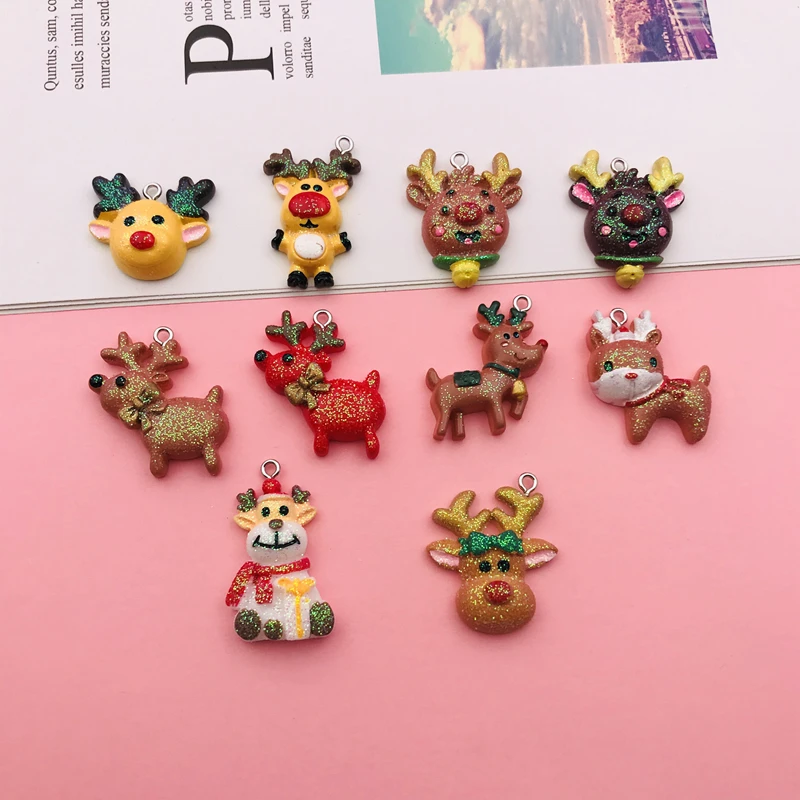 10pcs Hot Selling New Resin Kawaii Christmas Reindeer Charm Pendant for Keychain, Earring, Scrapbooking, DIY Making, Necklace