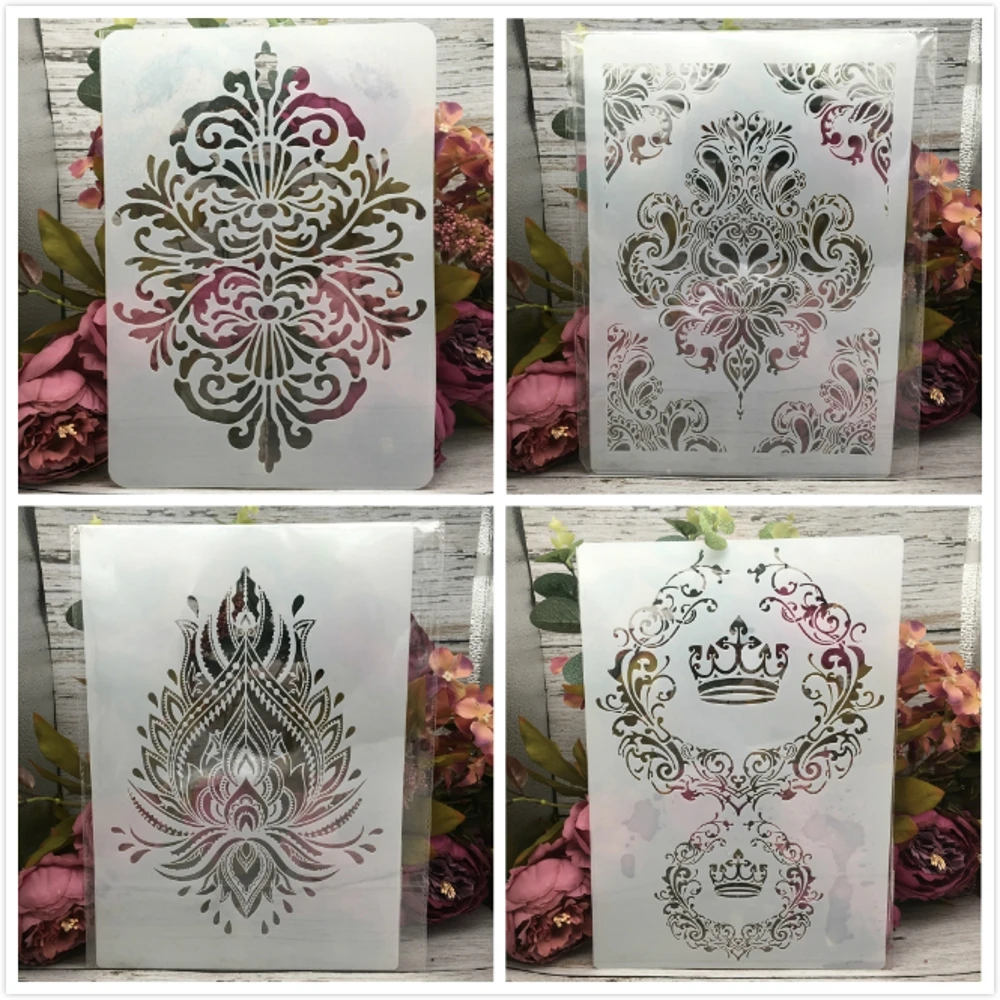 4 sztuk A4 29cm Vintage Totem korona DIY szablony do nakładania warstw malowanie ścian księga gości kolorowanie tłoczenie Album dekoracyjny szablon