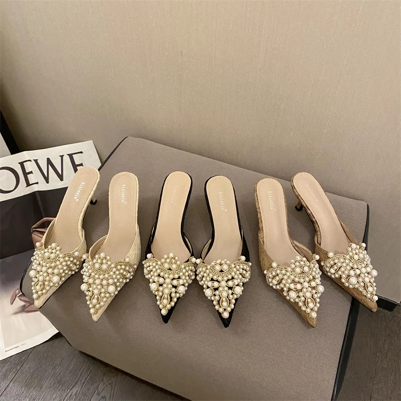 Pointed Toe Women Slippers Pearl Design Shallow Slip On Mules Shoes Thin Mid Heels Black/Beige/Brown Summer Party Slides Mules