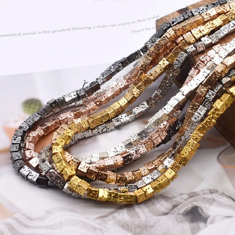 4mm Plating Gun black Natural Stone Beads Square Rock Lava Beads loose Space Bead For Jewelry Making DIY Bracelet Necklace