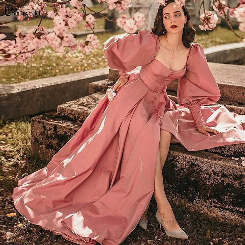 

Fairy Pink A-Line Evening Dresses Long Sleeve Sweetheart Formal Gowns Prom Dress 2024 Split Satin Skirt Robe De Soiree