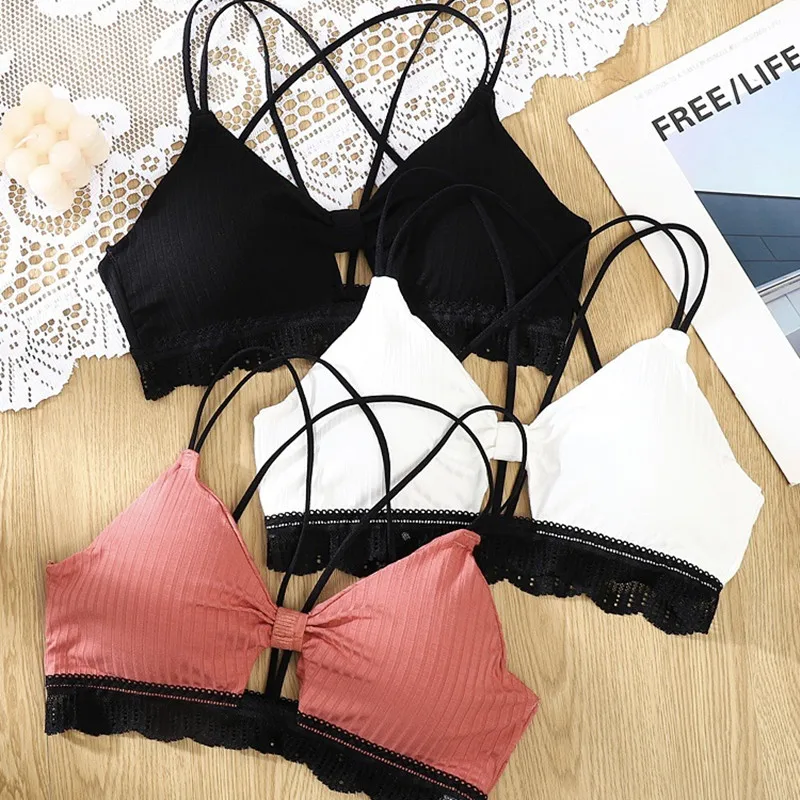 Women Lace Bra Push Up Wireless Bralette Female Sexy Underwear Cross Straps Beauty Back Lingerie Removable Pads Bralette