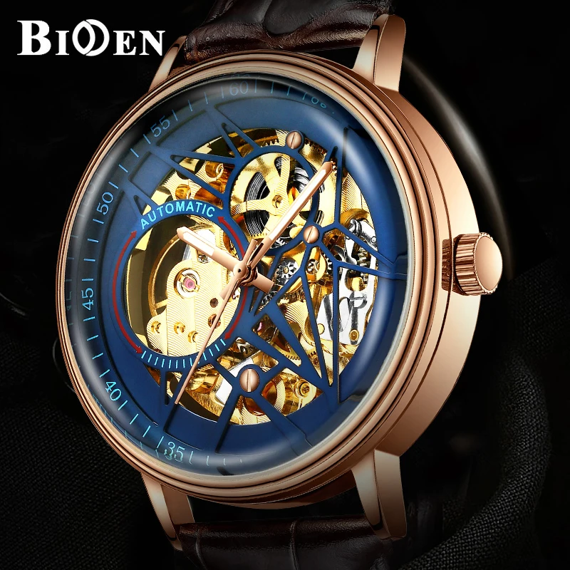 Automatic Mechanical Watches Men Watch Luxury Black Gold Skeleton Reloj Self Winding Brown Royal Male Clock BIDEN Heren Horloge