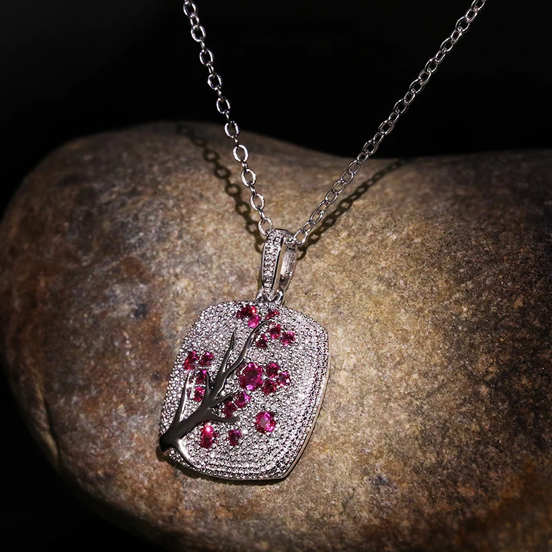 Colorful zircon Leaves branch Pendant For Women branch Sparkling Pink Cherry Tree CZ Delicate Fashion Necklace jewelry
