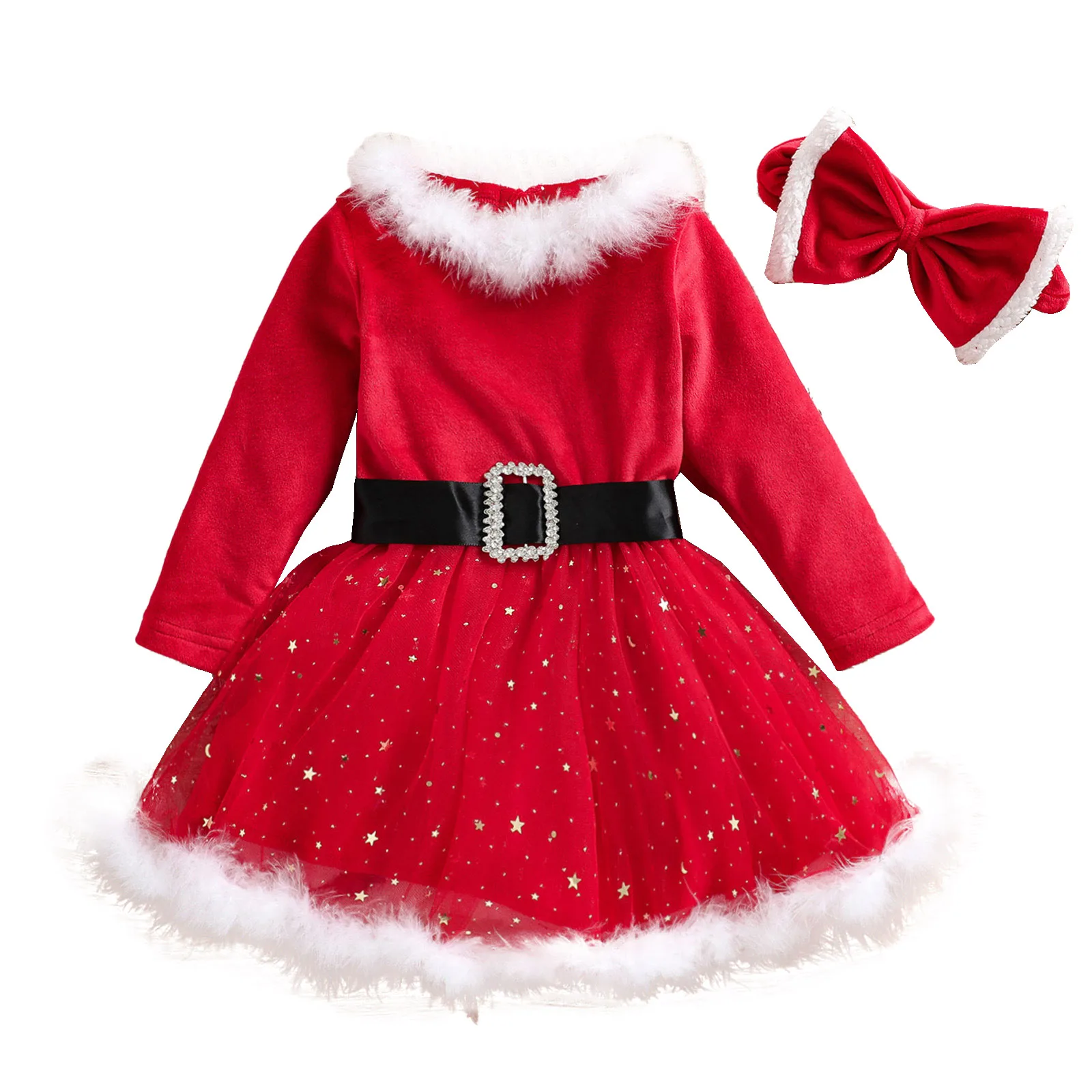 Kids Elf Christmas Party Dress For Girls Fur Collar Belt Sequins Mesh Velvet Dress Xmas Fower Girls Wedding Party Princess Dress