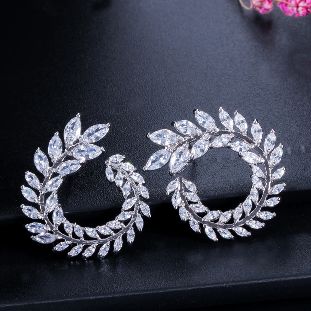 ThreeGraces Famous Design Sparkling Olive Branch Leaf Shape Marquise Cut Luxury Cubic Zirconia Stud Earrings for Women ER282