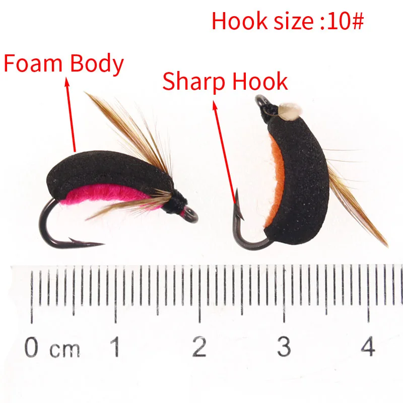 Vampfly 3pcs 10# Trout Fishing Fly Bait Beetle-Like Foam Boatman Dry Wet Fly Tying Hook Red Green Orange