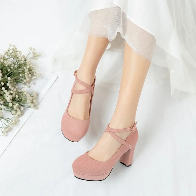 Women Pumps High Heels Thick Soles Shoes Cross Strap Platform Square Heel Round Toe Sexy Sandals Ankle Strap Wedding Party Shoes