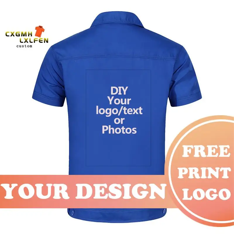 DIY Your logo or Photo Text Custom Workwear Men\'s Short Sleeve Industrial Work Shirt Two Pocket Workwear