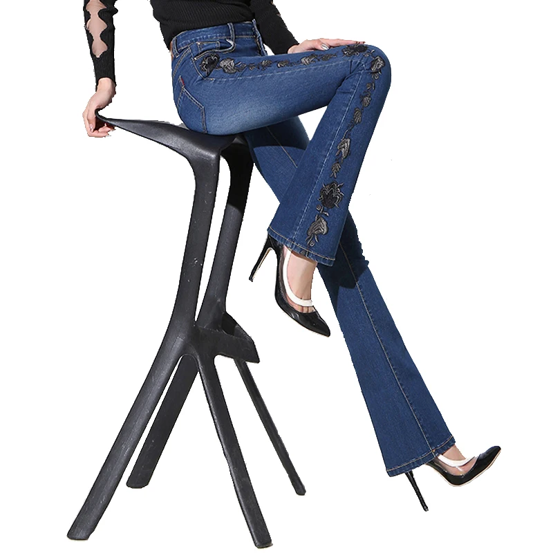 High-Waisted Jeans for Women, Embroidery, Micro-Flare, Slim Trousers, Wide-Leg Pants, Embroidery, Plus Velvet, Autumn and Winter