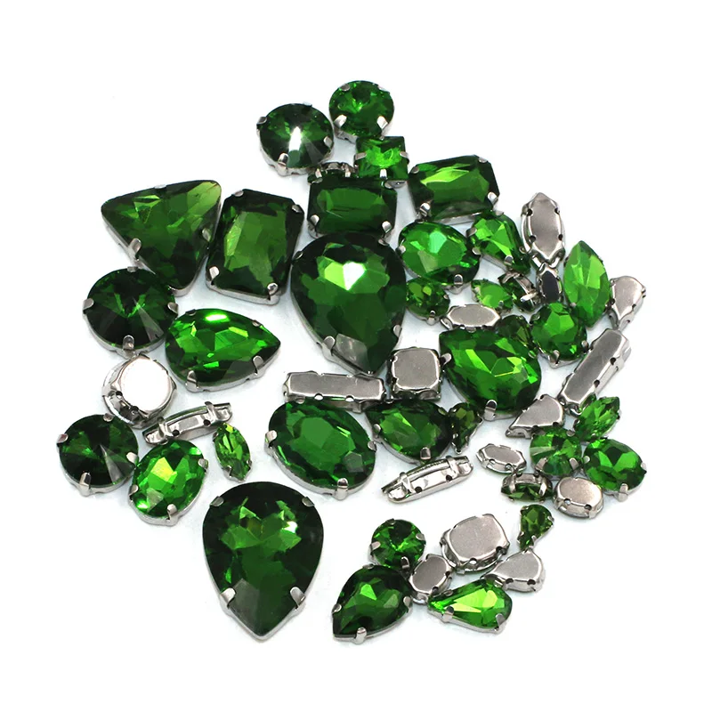 Hot selling 50pcs/bag high quality mixed shape Dark green glass crystal sew on rhinestones with claw diy clothing accessories