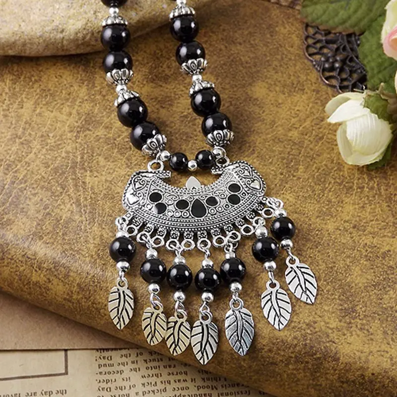 Bohemia Vintage Ethnic Leaf Red Stone Tassel Necklace For Women Gypsy Sliver Color Long Chain Necklace For Girls Tibetan Jewelry