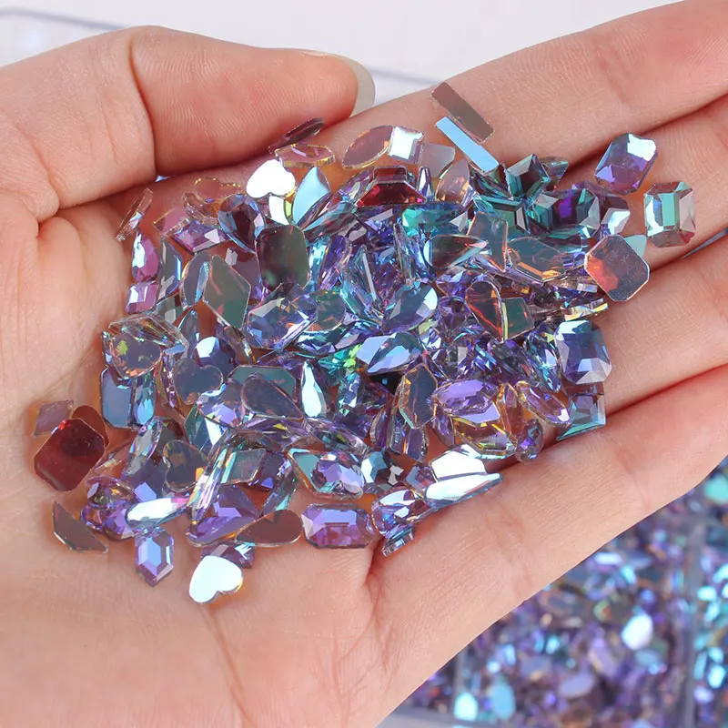 30Pcs Nail Art Rhinestones Holo Flat Shaped Elongated Teardrop Rectangle Phantom Purple Stones For 3D Nails Decorations