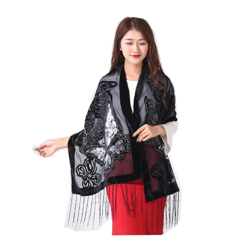 Soft Butterfly Scarf Women High Quality Velvet Burnout Pashmina For All Seasons Light Weight Wedding Shawl Long Scarfs