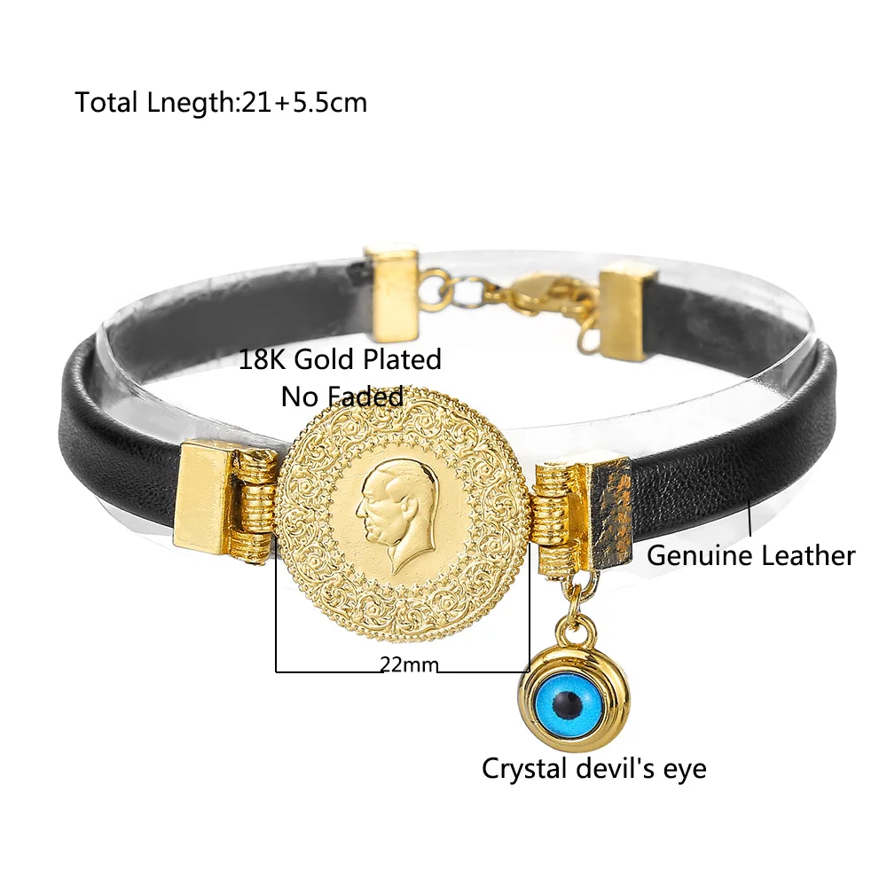 Muhammad Turkish Coin Bracelet Muslim Islam God Allah Cuff Devil's Eye Bracelet Middle East Arab Jewelry Leather Bracelet