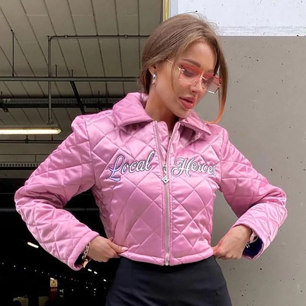 Autumn Y2K Style Women Pink Satin Check Jackets Letter Embroidery Turn Down Collar Outwear Coats Sweet Cool Mujer Crop Jacket