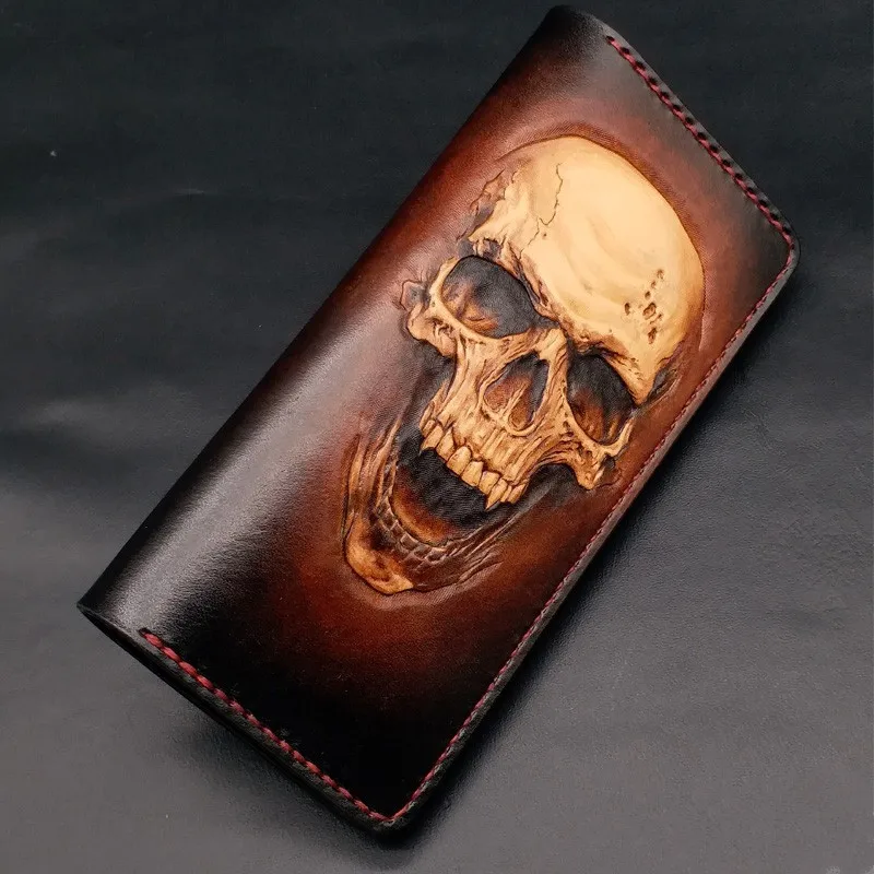 

Handmade Wallets Carving Unicorn Skull Purses Men Long Clutch Vegetable Tanned Leather Wallet Card Holder